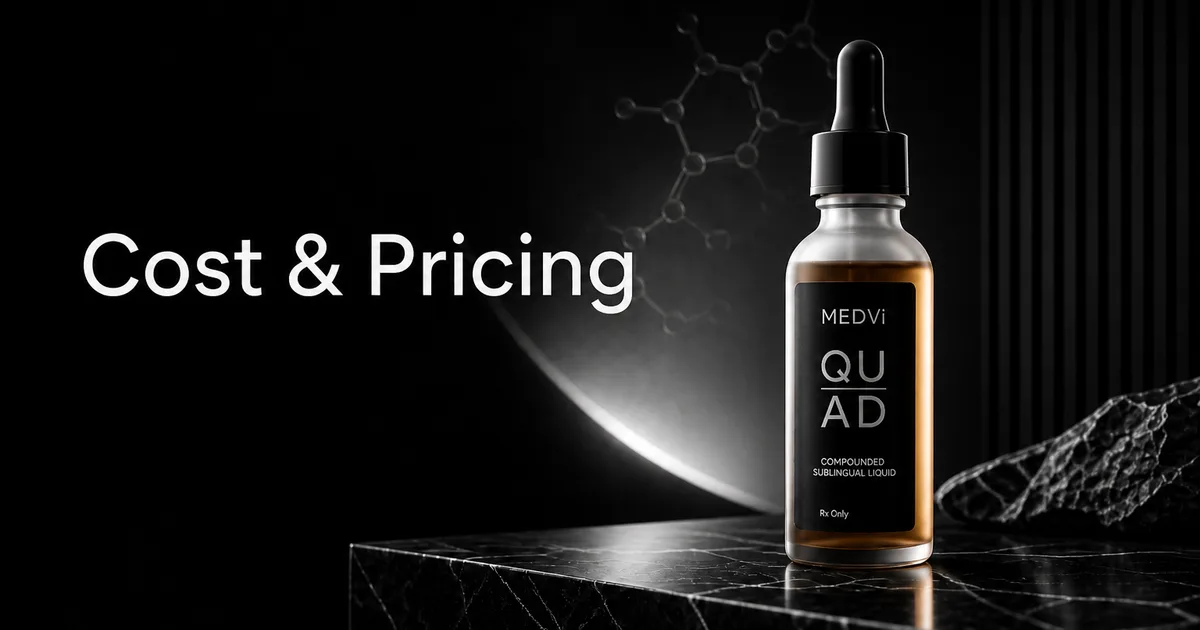 Editorial product graphic framing MEDVi QUAD cost and pricing research