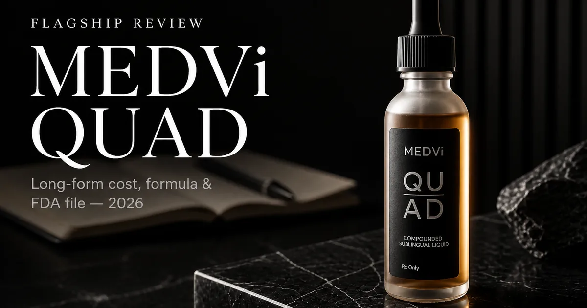Editorial flagship review cover showing a MEDVi QUAD compounded liquid dropper bottle