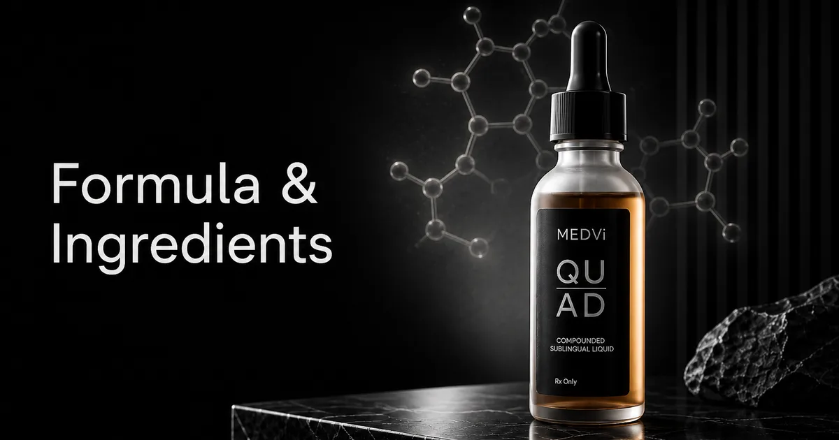 Editorial product graphic highlighting MEDVi QUAD formula and four named actives